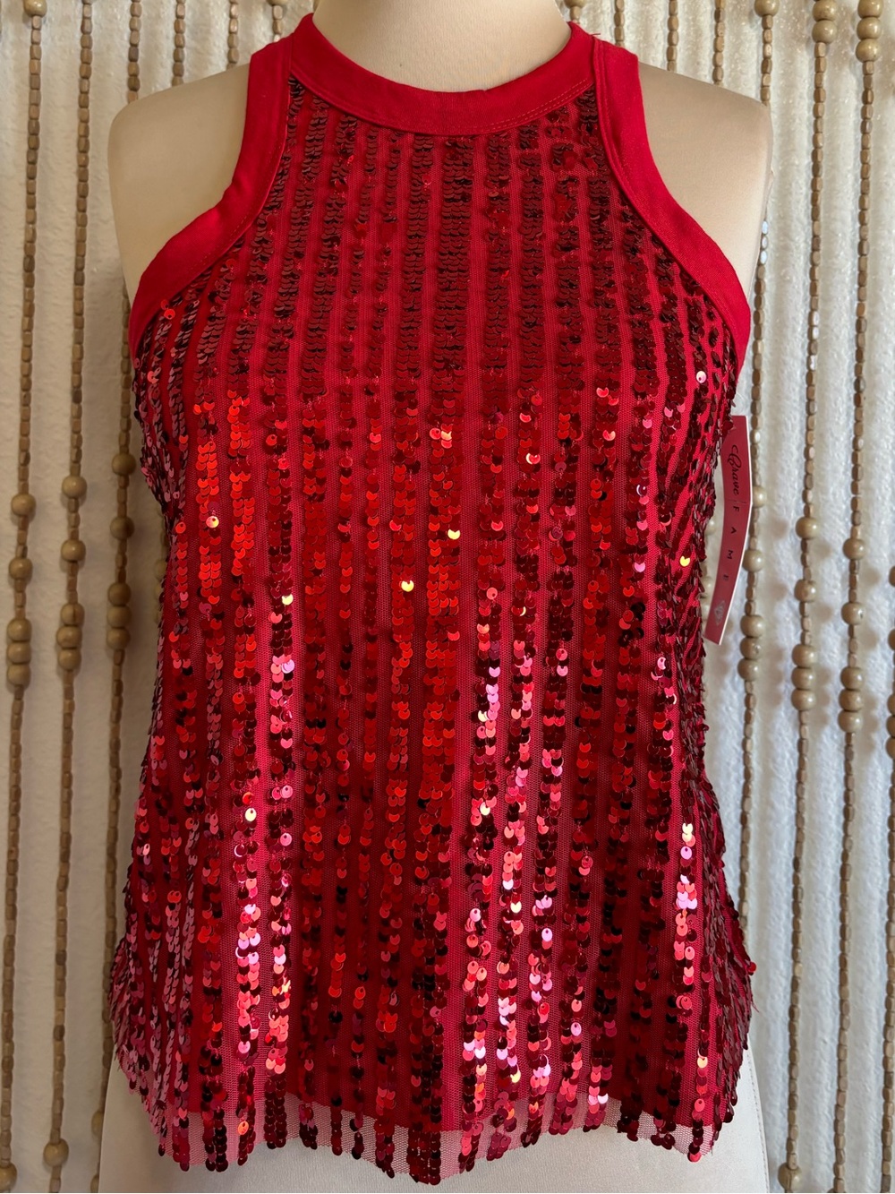 NWT Red Sequin Glam Glamour Party Sleeveless Tank Halter Blouse Sm